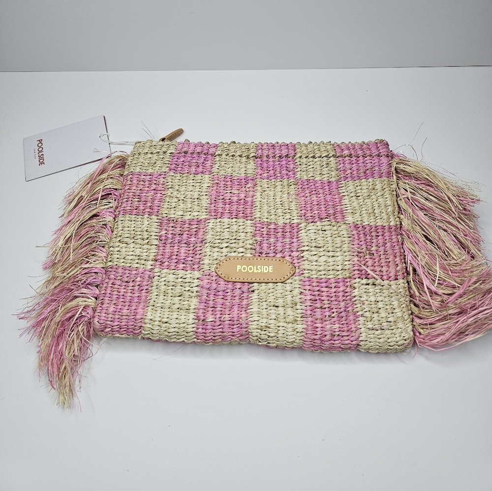 Poolside Clutch Natural/Pink Checkered Fringe Clutch Straw  NWT Upcycled Organic - Picture 2 of 13